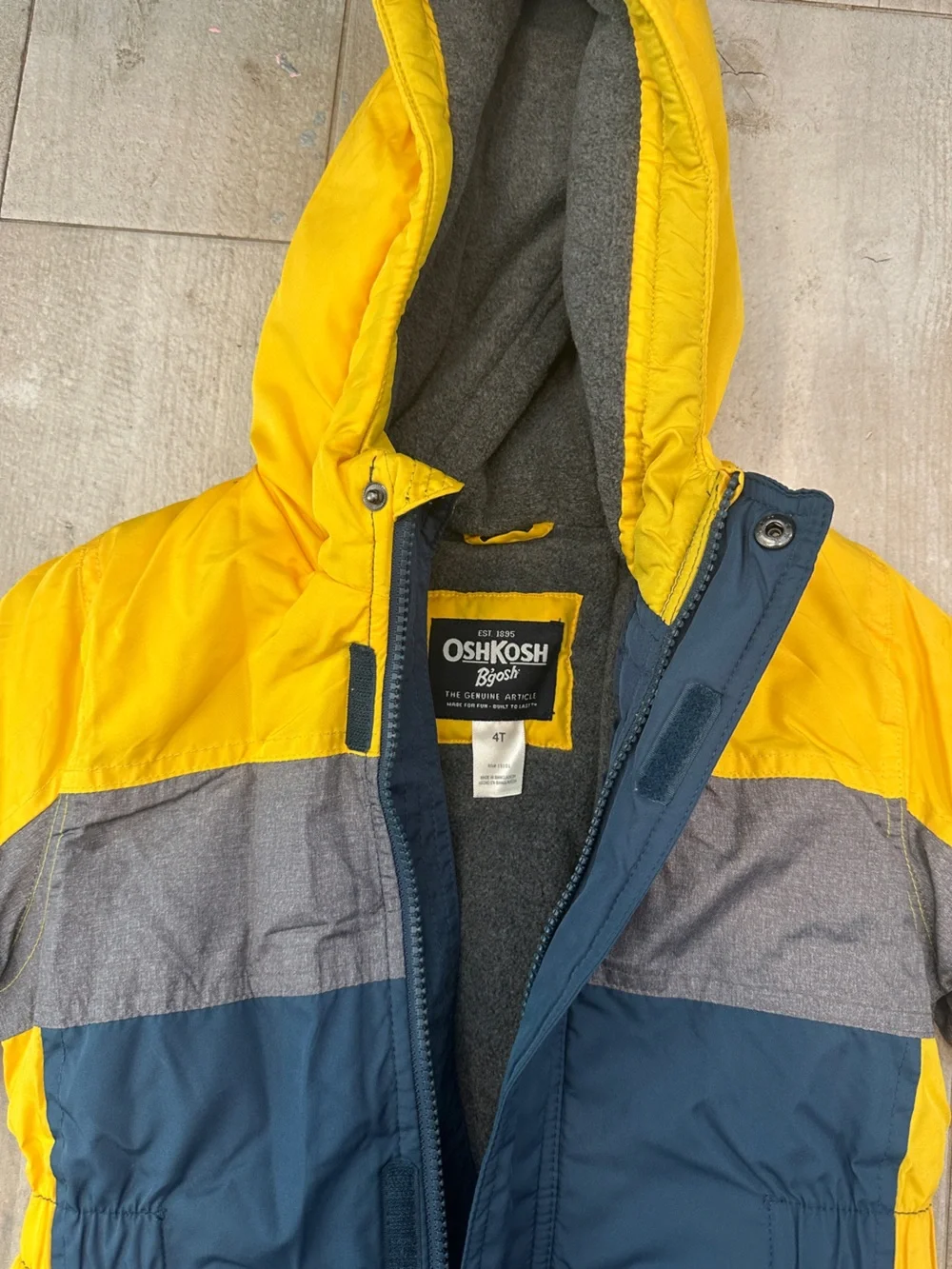 OshKosh B'gosh Yellow, Navy & Gray Colorblock Hooded Puffer Jacket